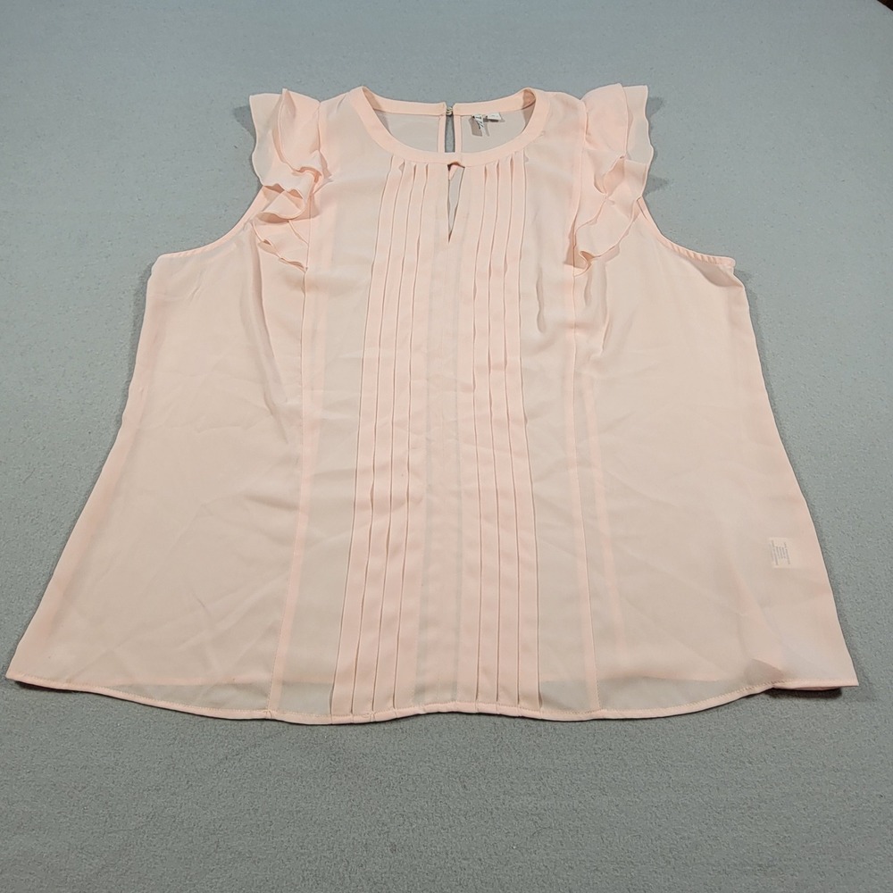 ELLE Sleeveless Ruffle Blouse Pintuck Pleats Sheer Top Pink Women's‎ Size XL